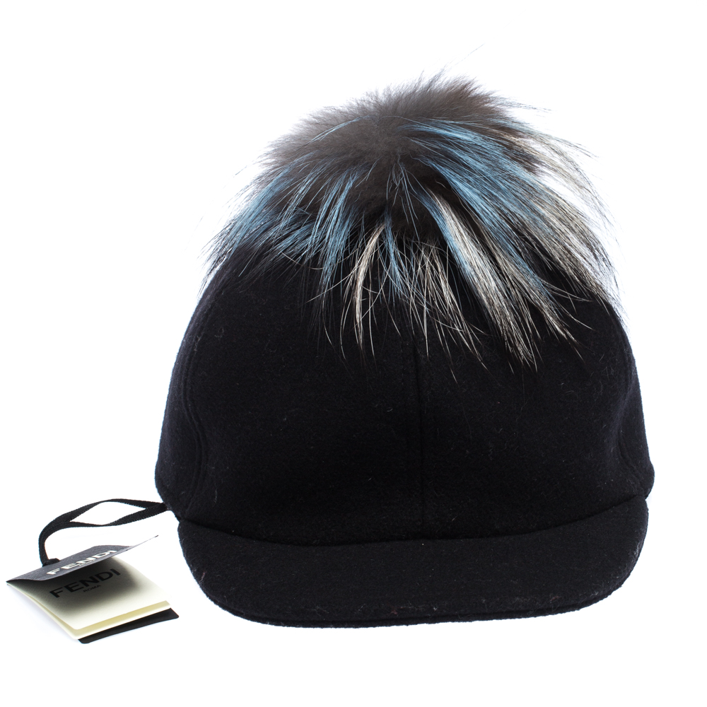 

Fendi Black Wool Fox Fur Trim Baseball Cap