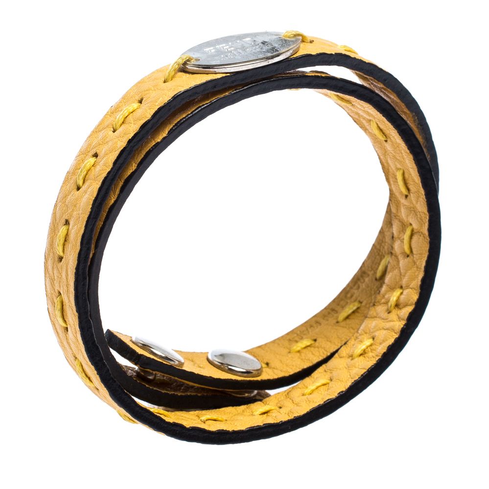 

Fendi Selleria Yellow Leather Silver Tone Double Wrap Bracelet