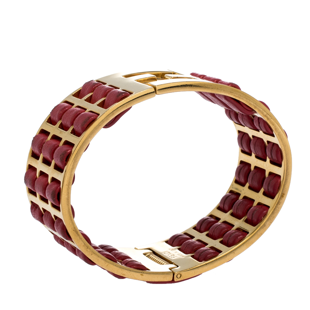 

Fendi Fendista Red Woven Leather Gold Tone Wide Cuff Bracelet