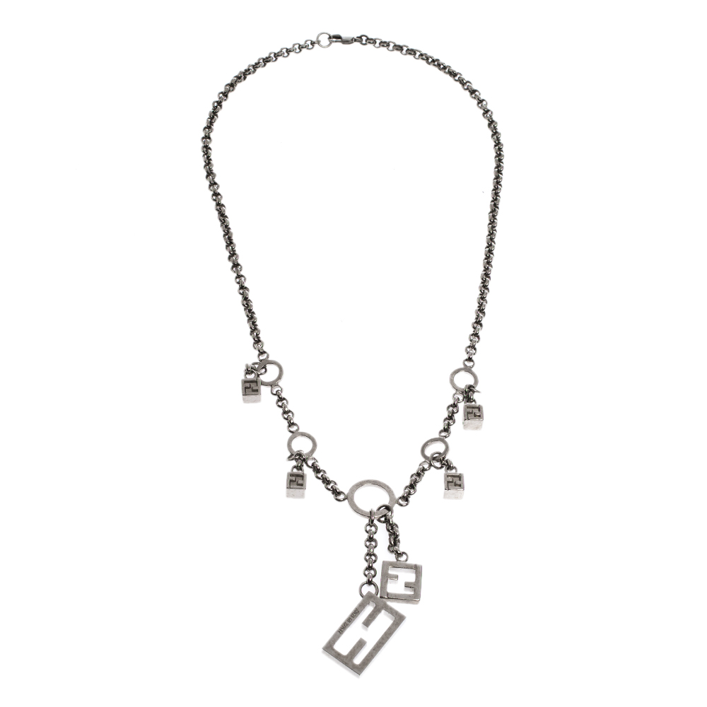 

Fendi FF Charm Silver Tone Chain Link Necklace