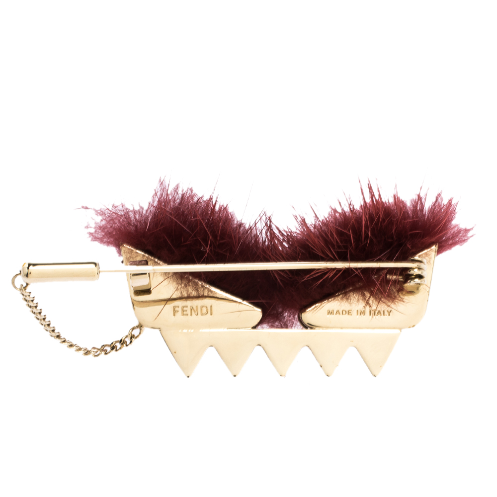 

Fendi Monster Burgundy Fur Embellished Gold Tone Pin Brooch, Multicolor