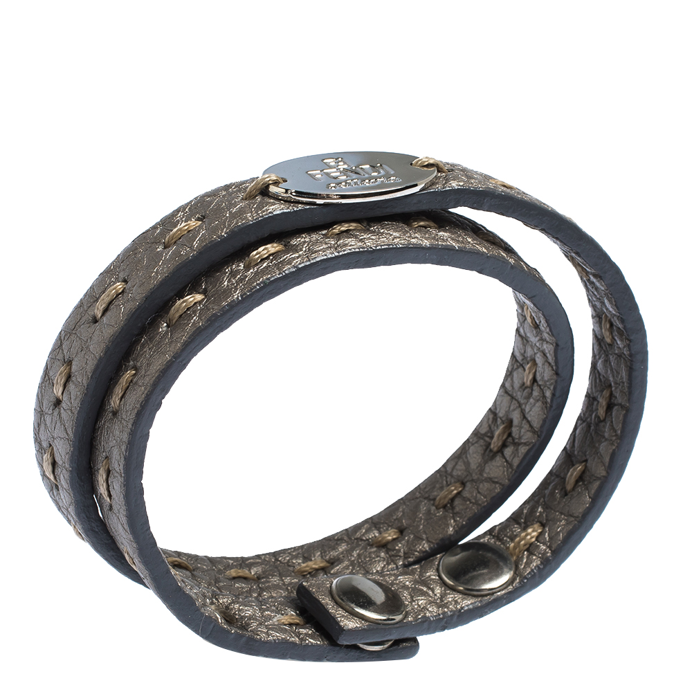 

Fendi Selleria Metallic Leather Silver Tone Double Wrap Bracelet