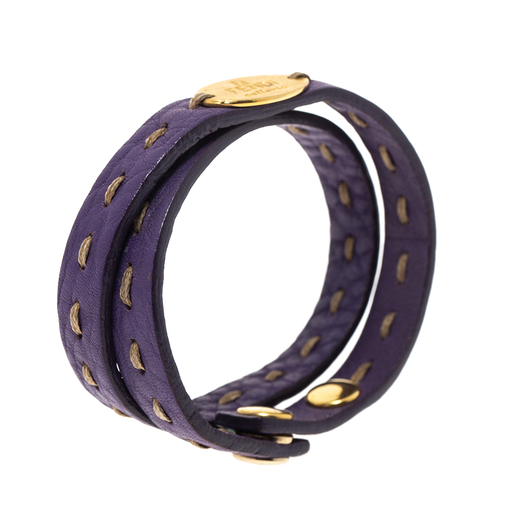 

Fendi Selleria Purple Leather Gold Tone Double Wrap Bracelet