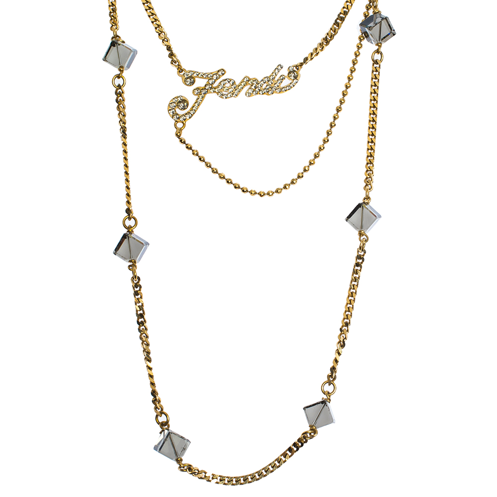 

Fendi Logo Crystal Gold Tone Multi Strand Station Necklace