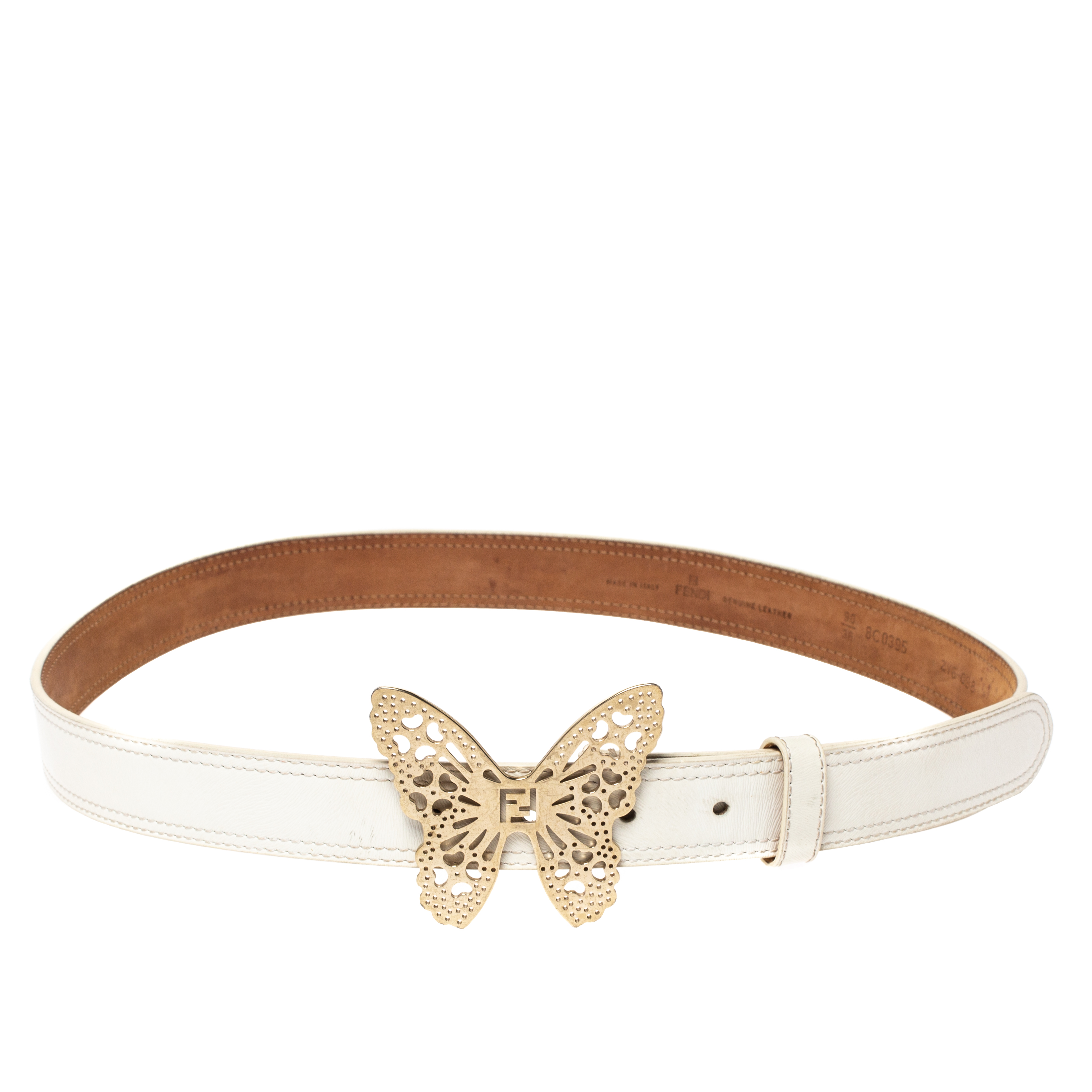 Pre-owned Fendi White Leather Butterfly Buckle Belt 90cm
