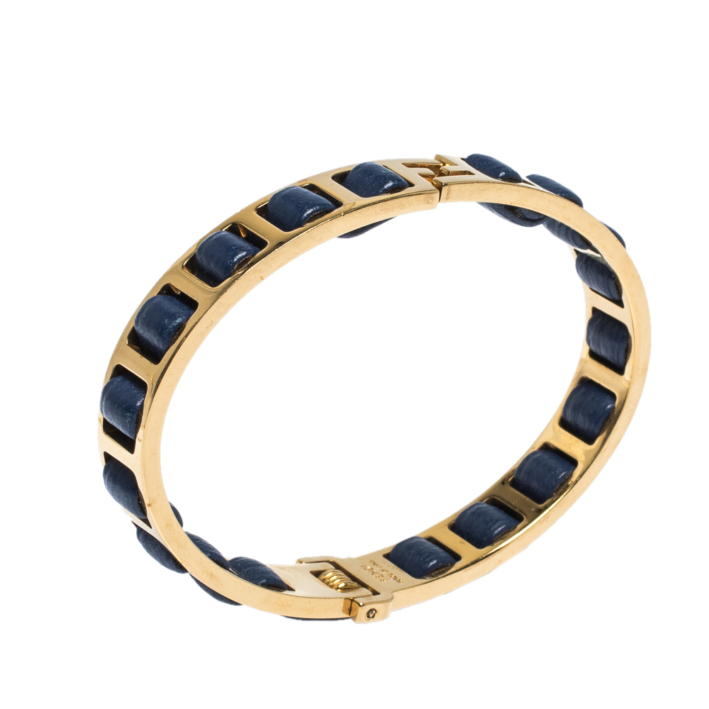 

Fendi Gold Tone Blue Leather The Fendista Bangle Bracelet