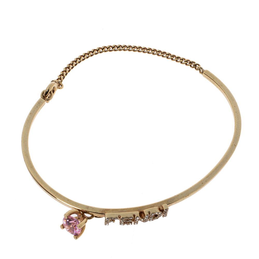 

Fendi Gold Tone Crystal Embellished Logo Charm Bracelet