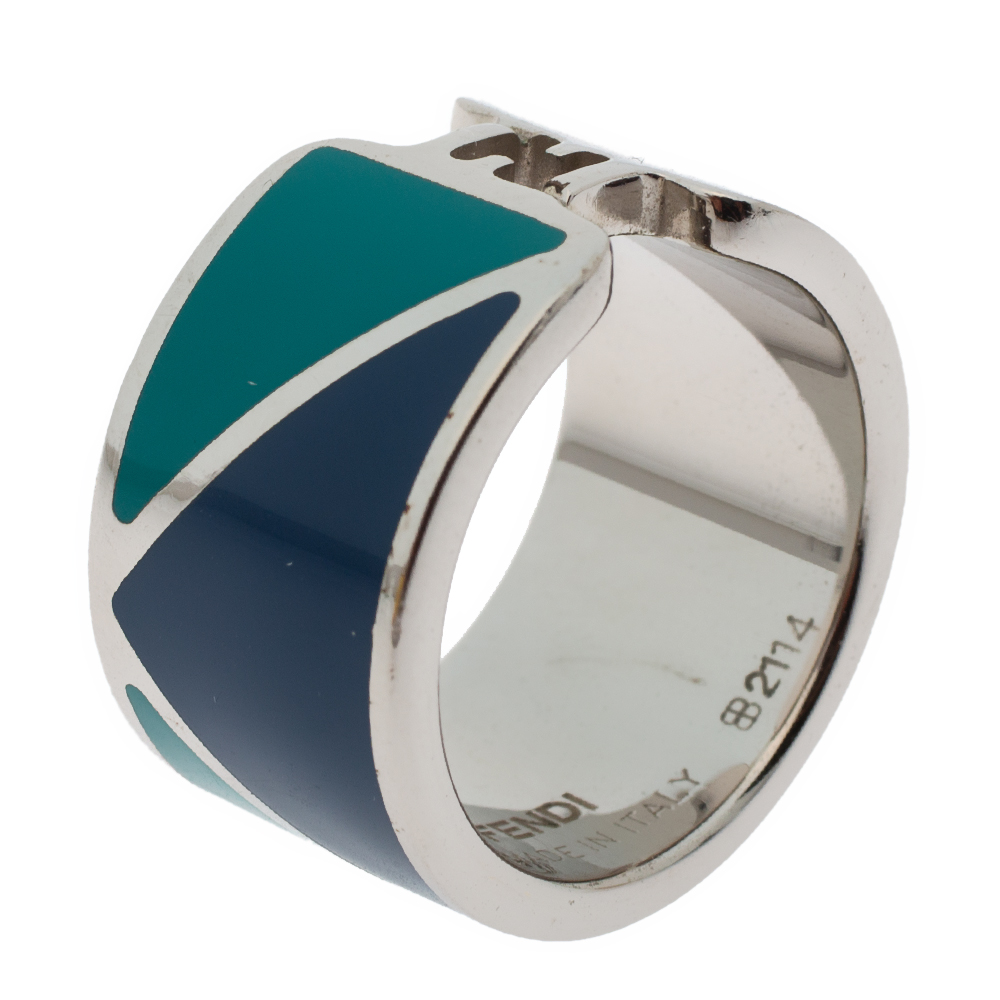 

Fendi The Fendista Bicolor Enamel Silver Tone Band Ring, Blue