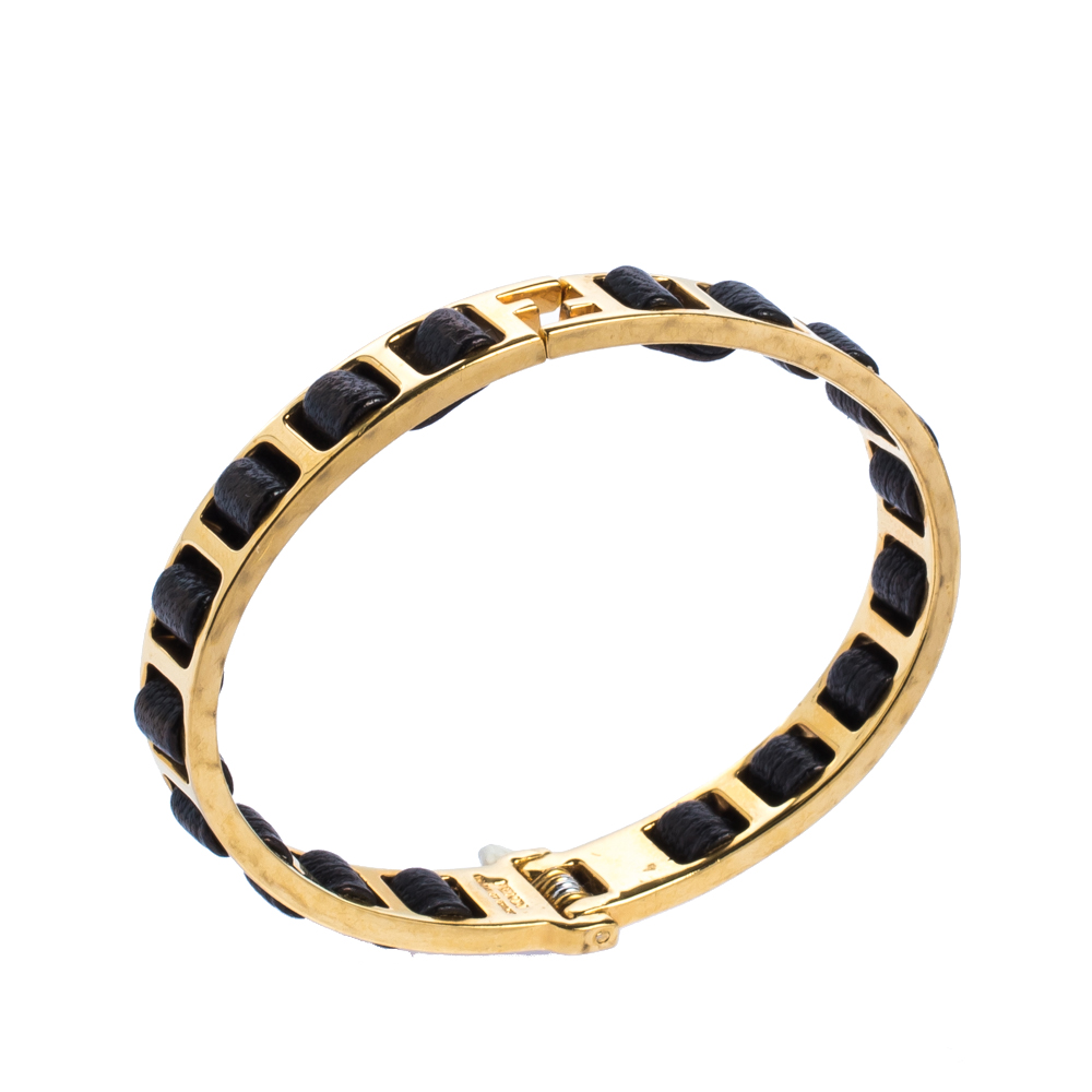 

Fendi Brown Coated Leather Gold Tone Fendista Bracelet