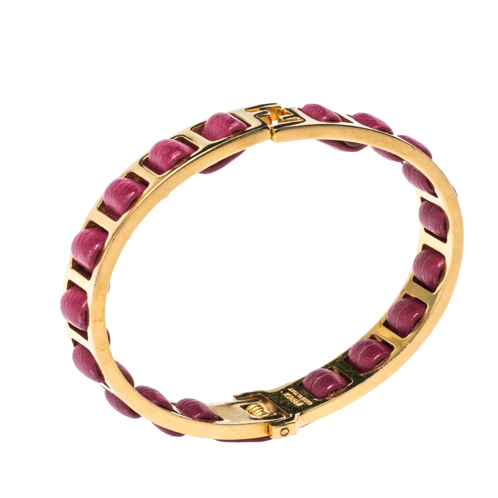 

Fendi Gold Tone Pink Leather The Fendista Bangle Bracelet