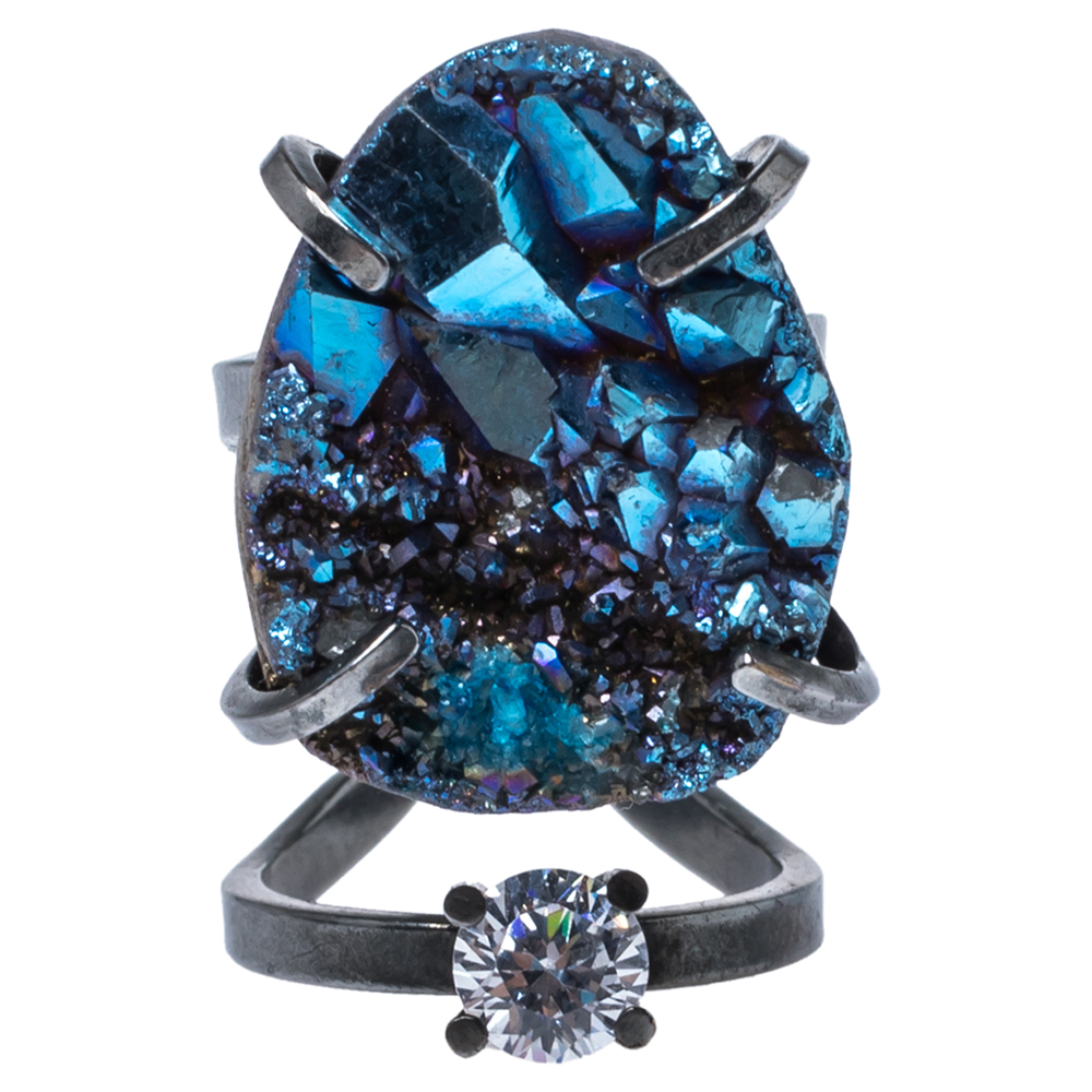 

Fendi Palladium Plated Druzy & Crystal Ring Size EU 50.5, Blue