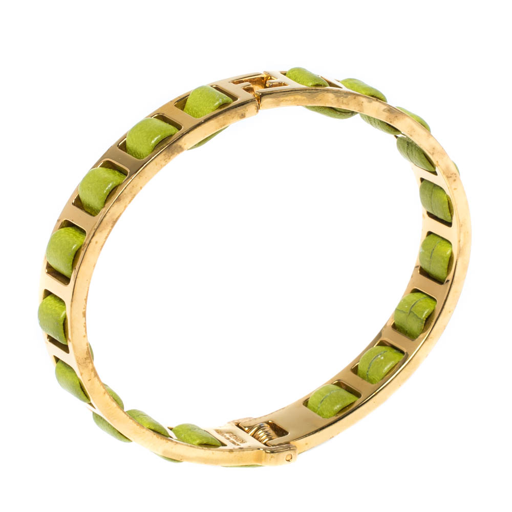 

Fendi Fendista Logo Green Woven Leather Gold Tone Bangle Bracelet