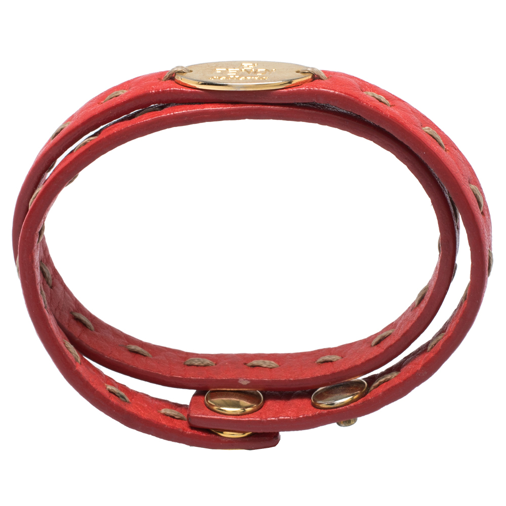 

Fendi Selleria Leather Gold Tone Double Wrap Bracelet, Red