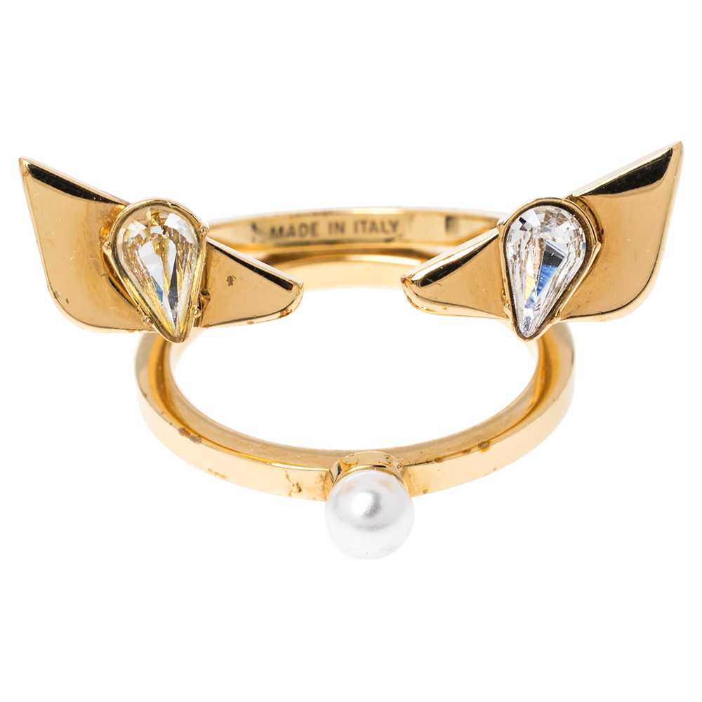 

Fendi Monster Eye Crystal Faux Pearl Gold Tone Ring Size