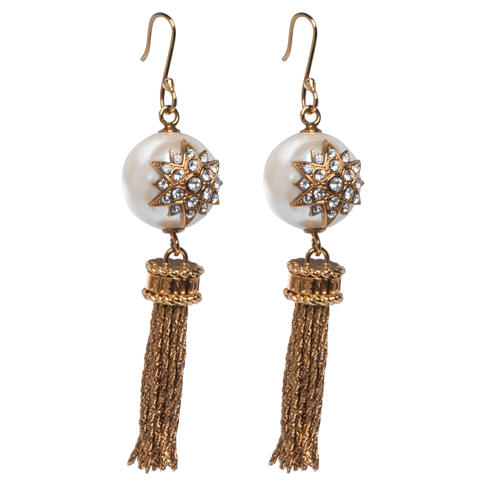 

Fendi Gold Tone Crystal & Faux Pearl Tassel Earrings