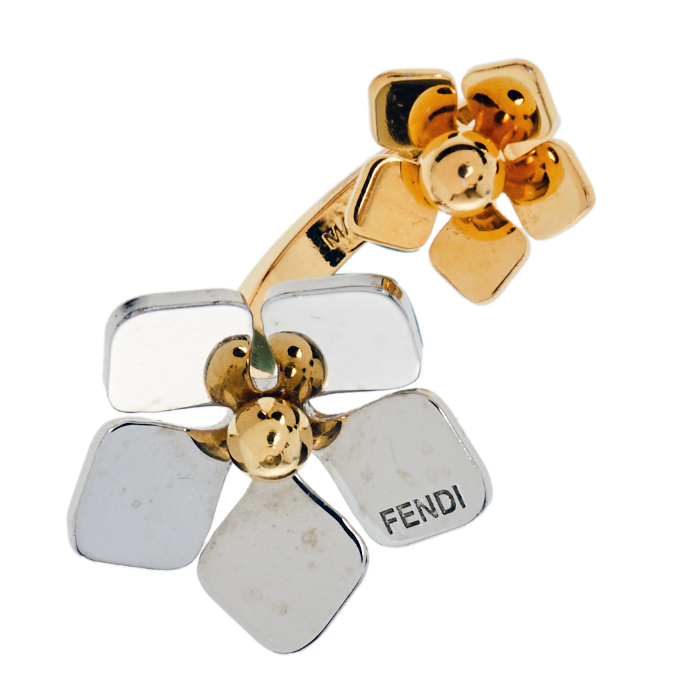 

Fendi Flower Motif Two Tone Open Ring Size, Metallic