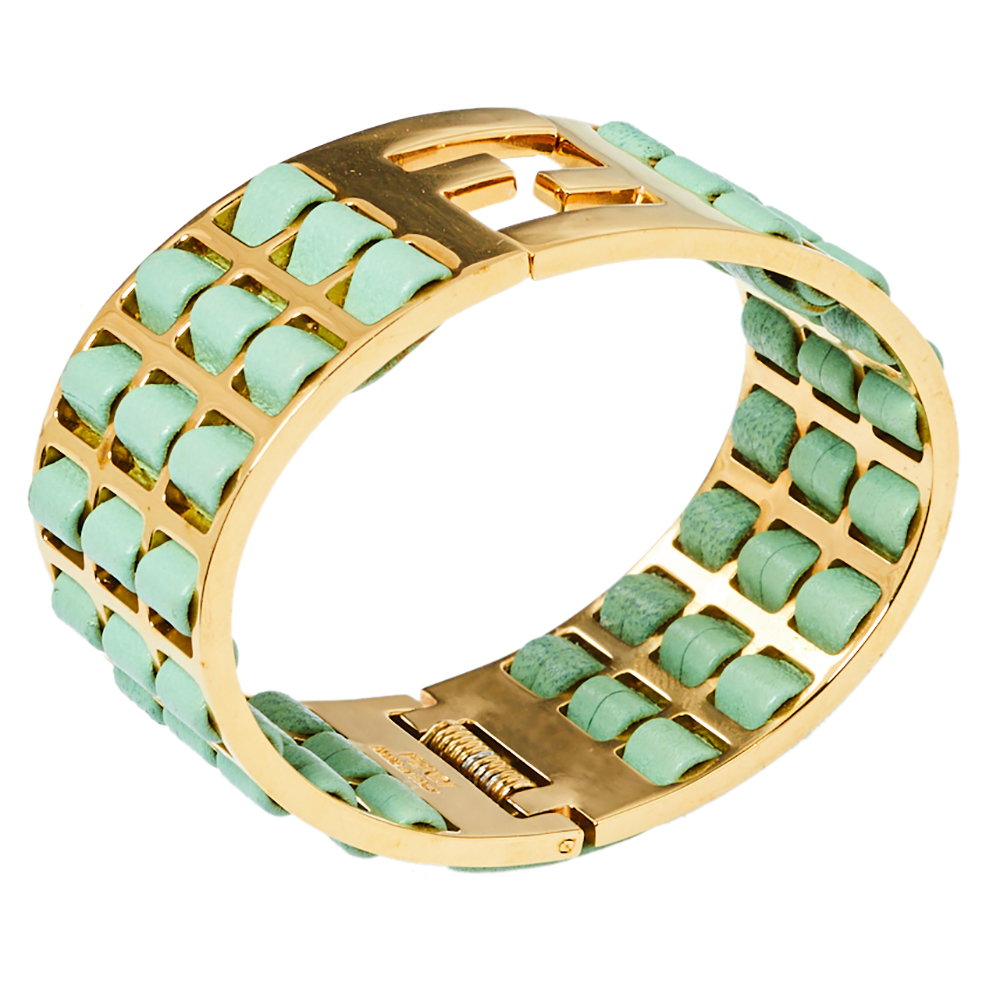 

Fendi Light Green Leather Gold Tone Fendista Wide Cuff Bracelet