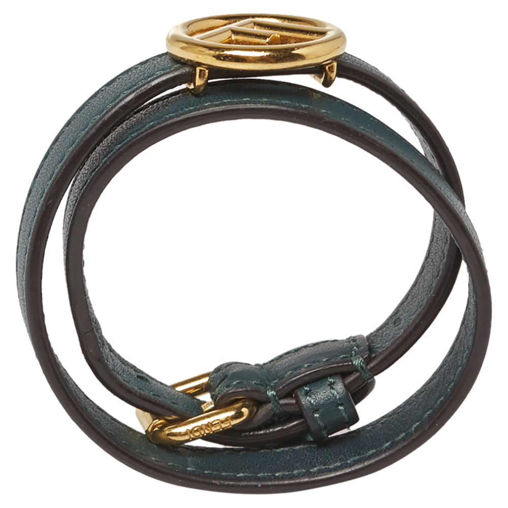 

Fendi F Is Fendi Green Leather Gold Tone Double Wrap Bracelet