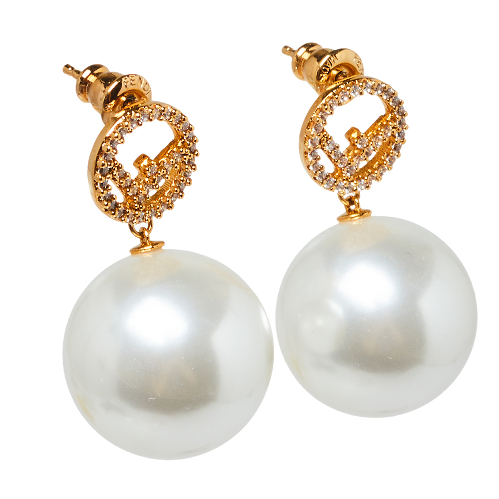 

Fendi F is Fendi Crystal Logo Pearl Drop Earrings, Cream