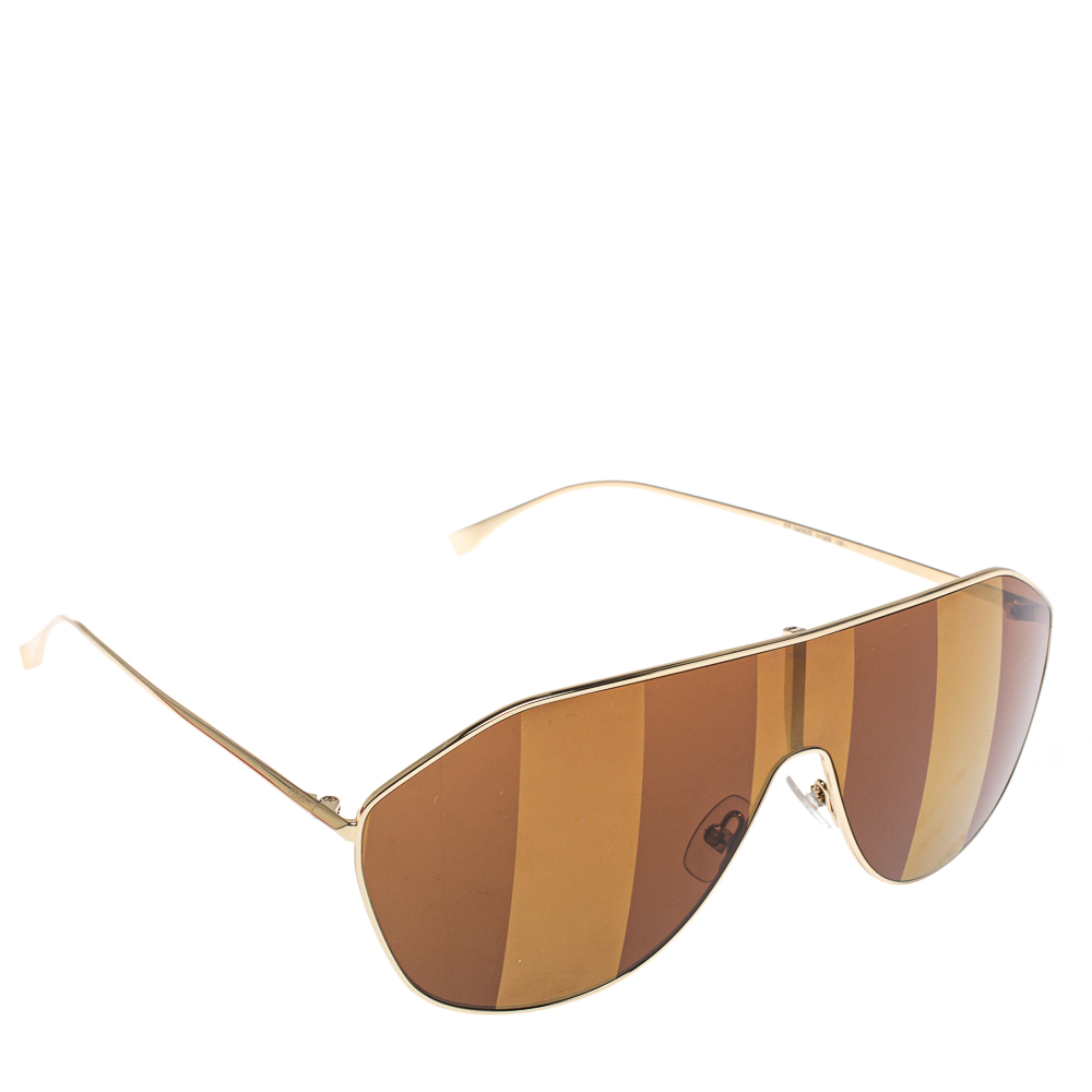 Pre-owned Fendi Brown/gold Tone Ff0405/s Striped Aviator Shield Sunglasses
