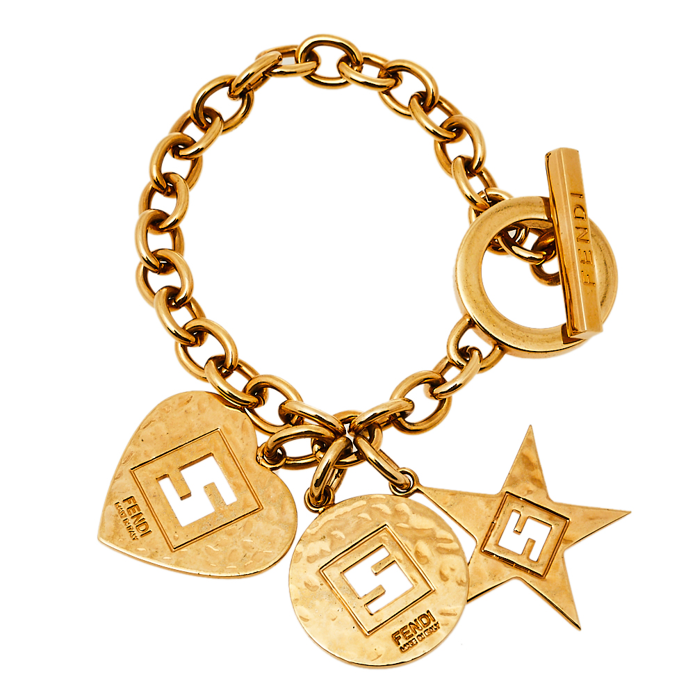 Pre-owned Fendi Heart Star Charm Gold Tone Chain Link Toggle Bracelet