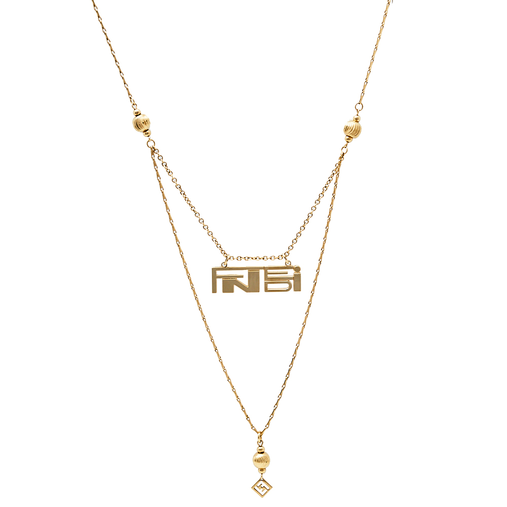 Pre-owned Fendi Gold Tone Logo Pendant Layered Necklace