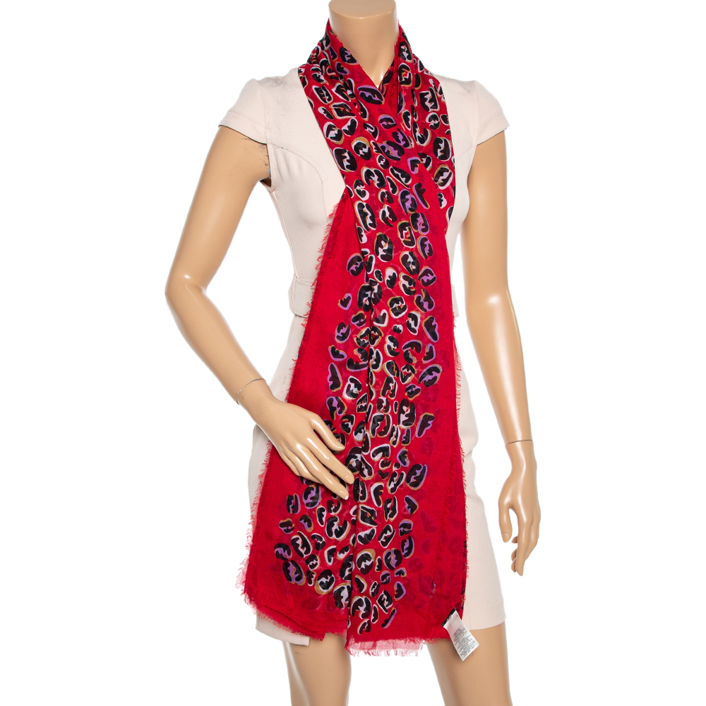 

Fendi Red Zucca Leopard Pattern Printed Modal & Silk Scarf