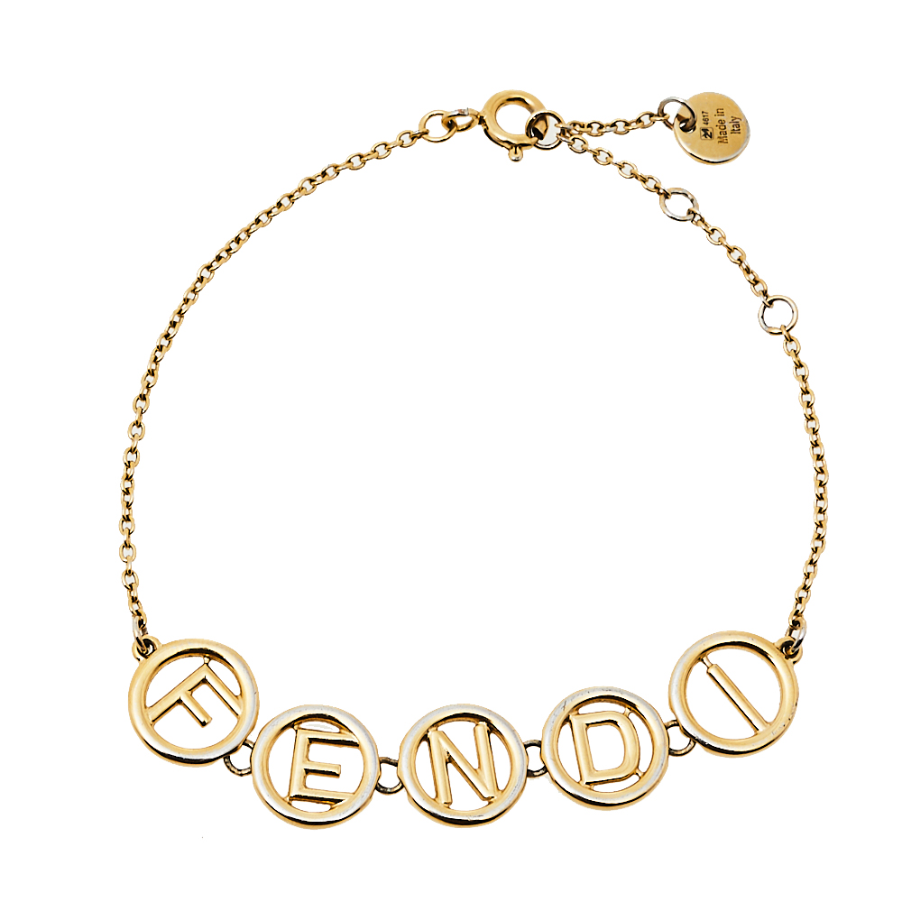Pre-owned Fendi Logo Charm Gold Tone Bracelet