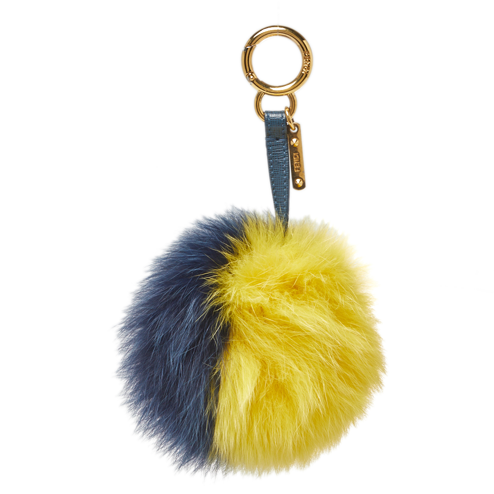Pre-owned Fendi Yellow & Blue Fox Fur Key Chain/bag Charm