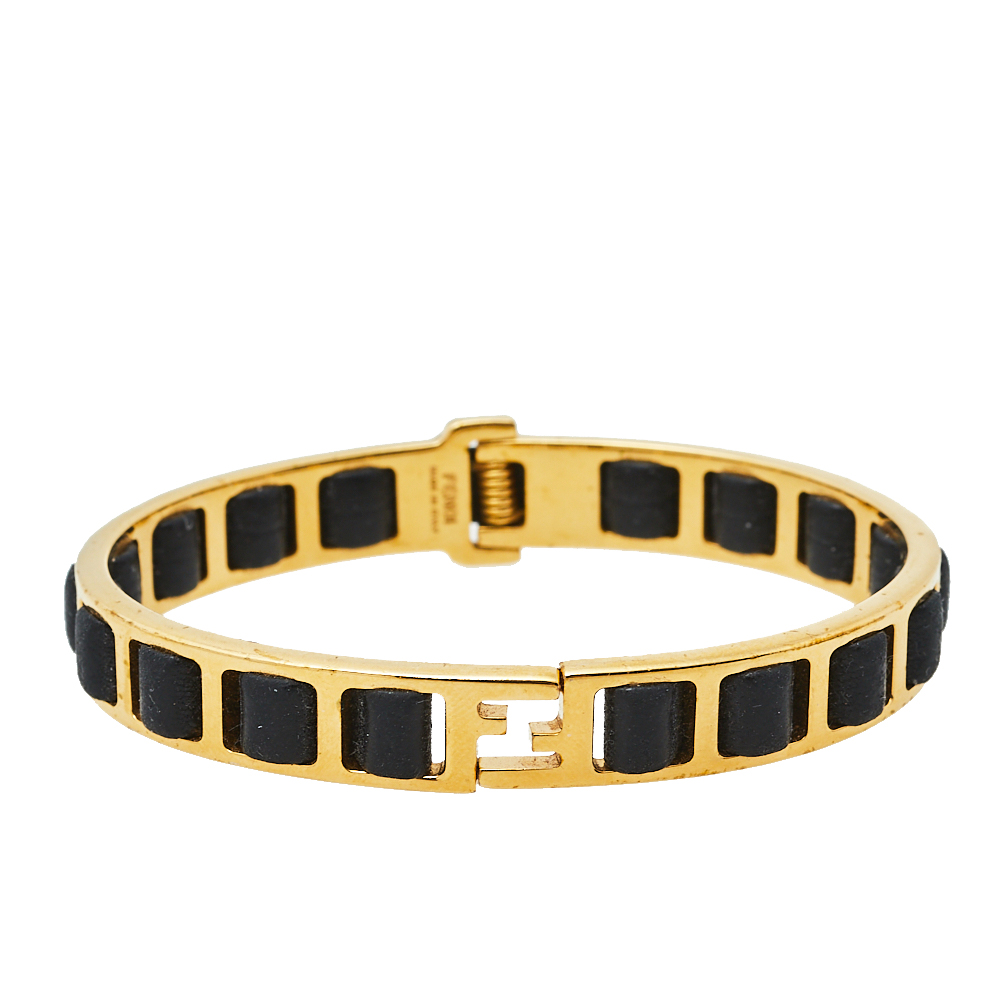 Pre-owned Fendi Black Leather Woven Gold Tone Bracelet M