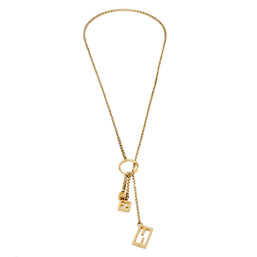 

Fendi Gold Tone Cube Logo Lariat Necklace