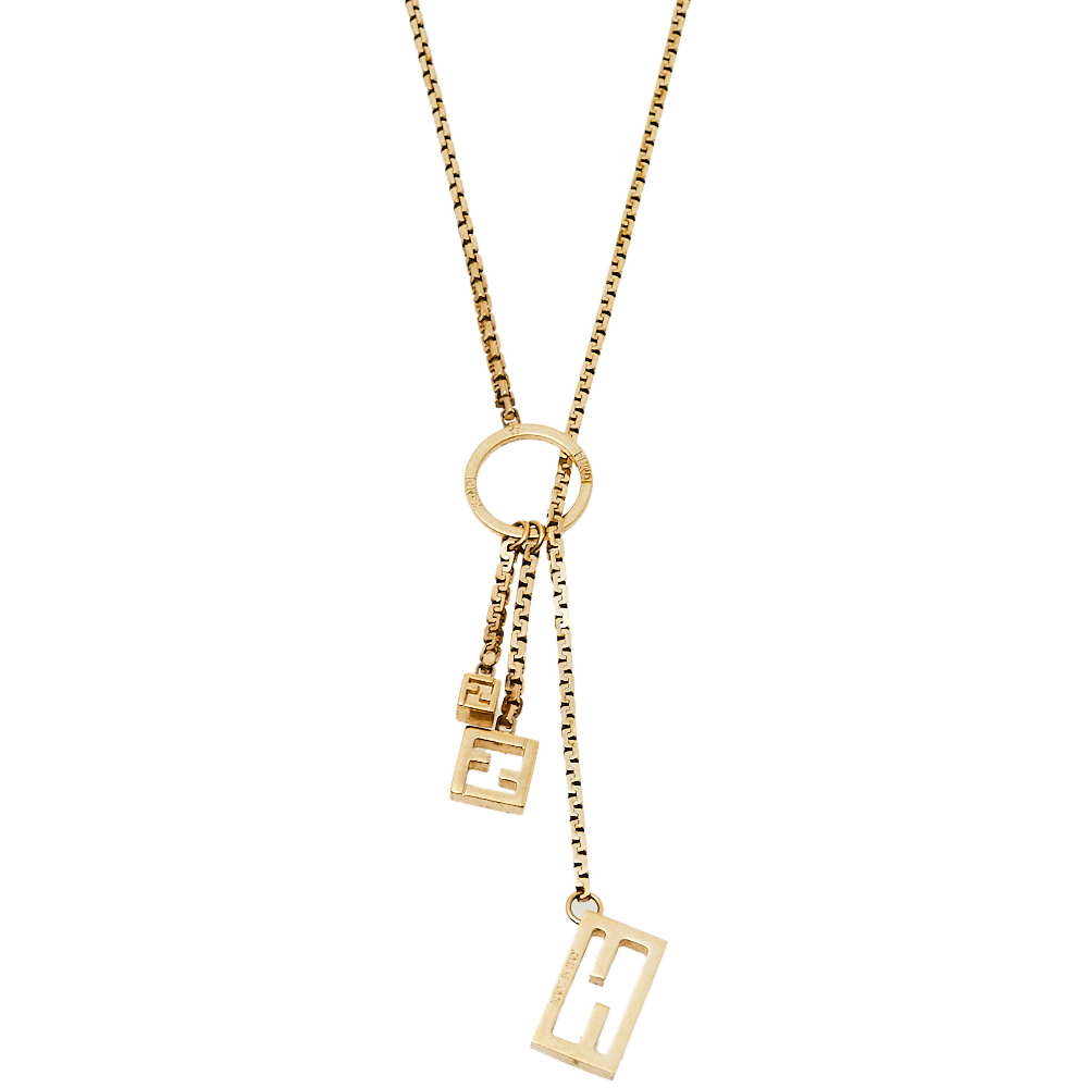 Pre-owned Fendi Gold Tone Cube Logo Lariat Necklace