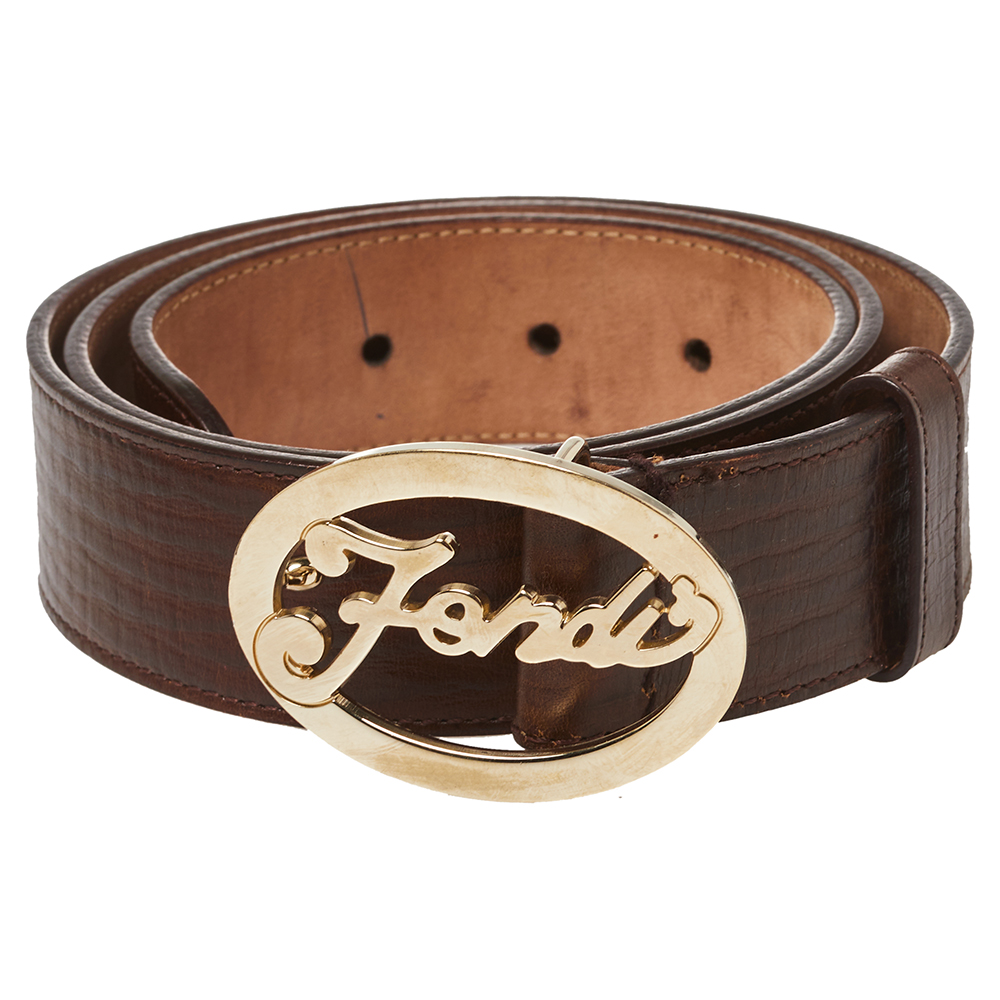 

Fendi Brown Textured Leather Logo Buckle Belt