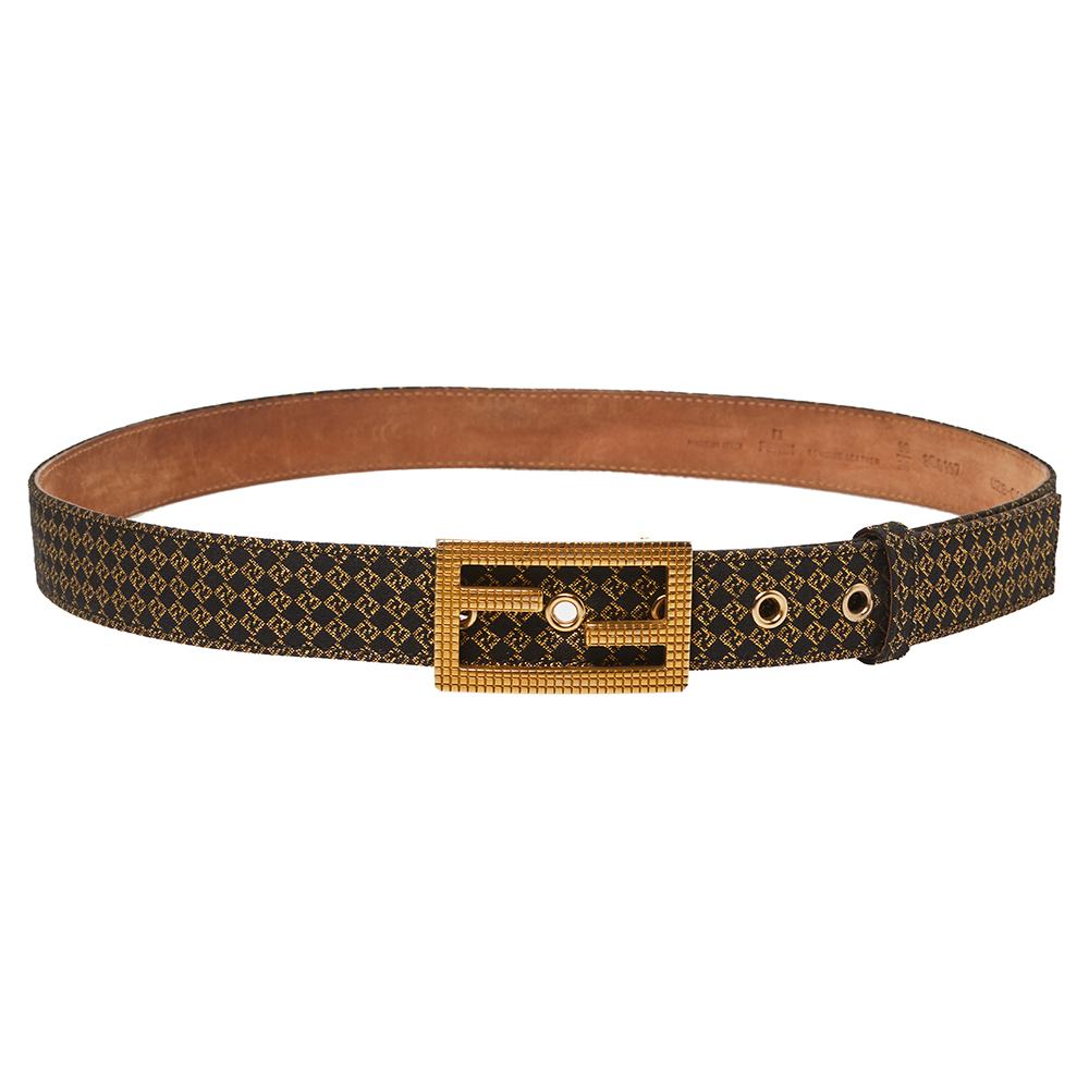 Pre-owned Fendi Gold/black Printed Fabric And Leather Ff Buckle Belt 90cm