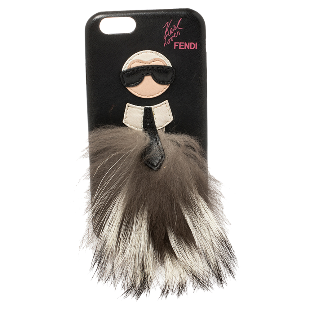 Pre-owned Fendi Black Leather And Fox Fur Karlito Iphone 6 Case