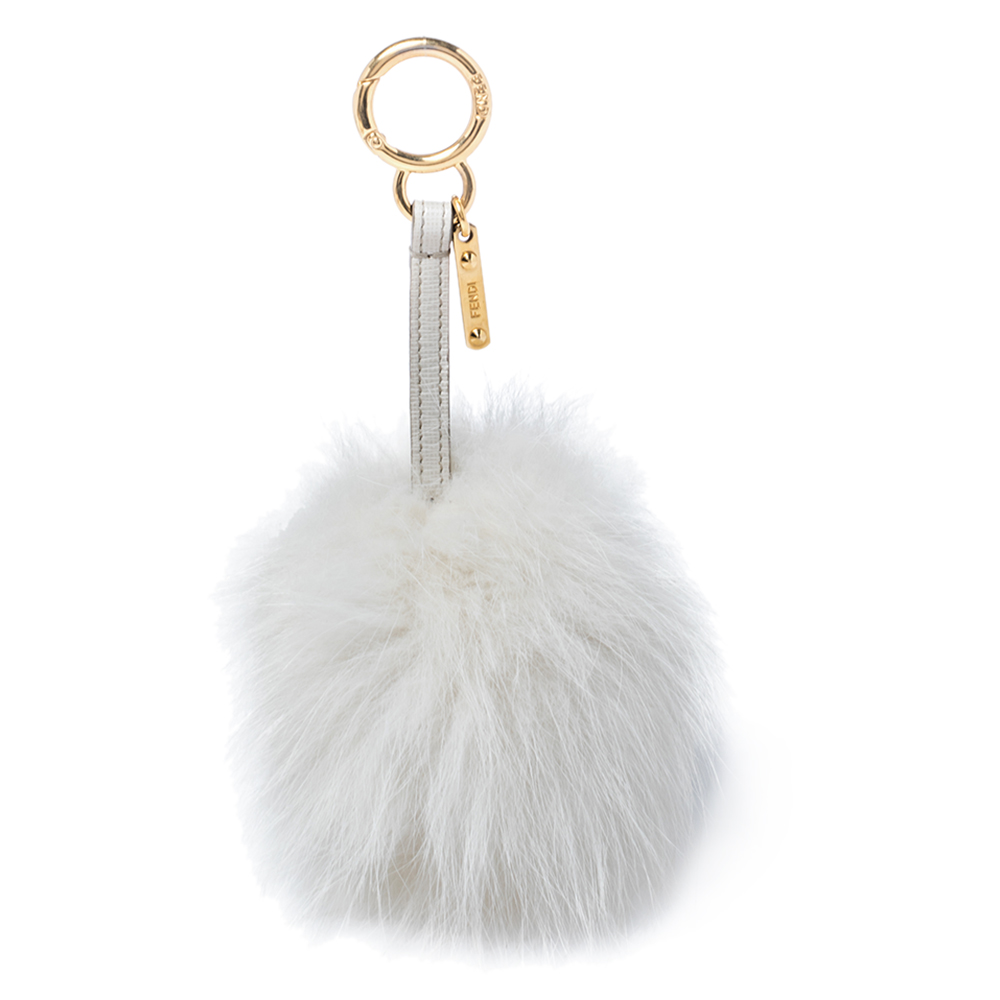 Pre-owned Fendi Grey/offwhite Fox Fur And Leather Pom Pom Bag Charm In White