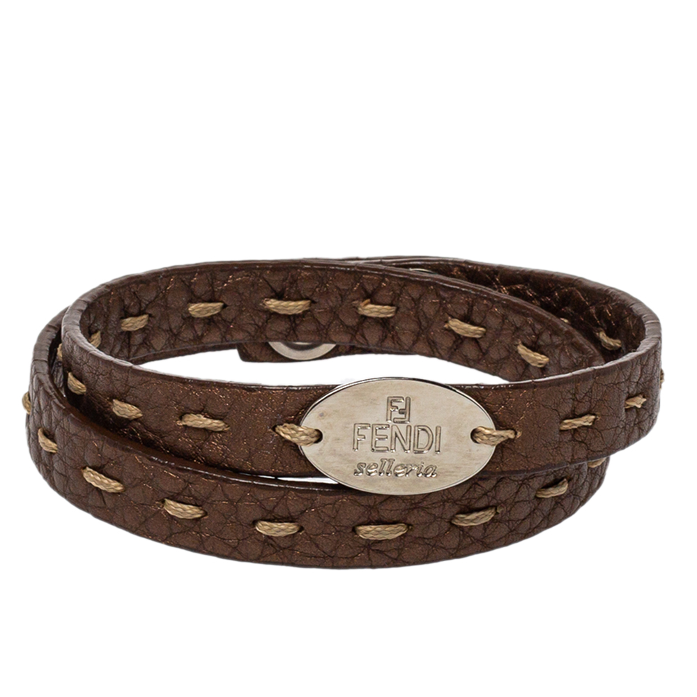 Pre-owned Fendi Metallic Brown Selleria Leather Double Wrap Bracelet