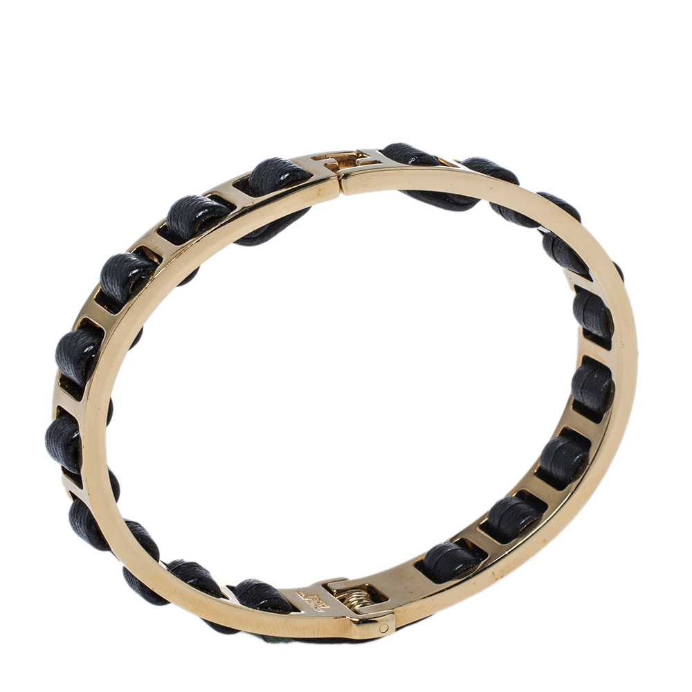 

Fendi Black Leather Interwoven Gold Tone Cuff Bracelet