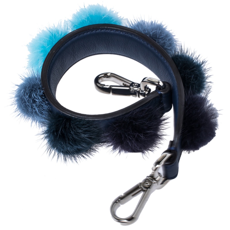 

Fendi Blue Leather With Multicolor Mink Fur Pompoms Bag Strap