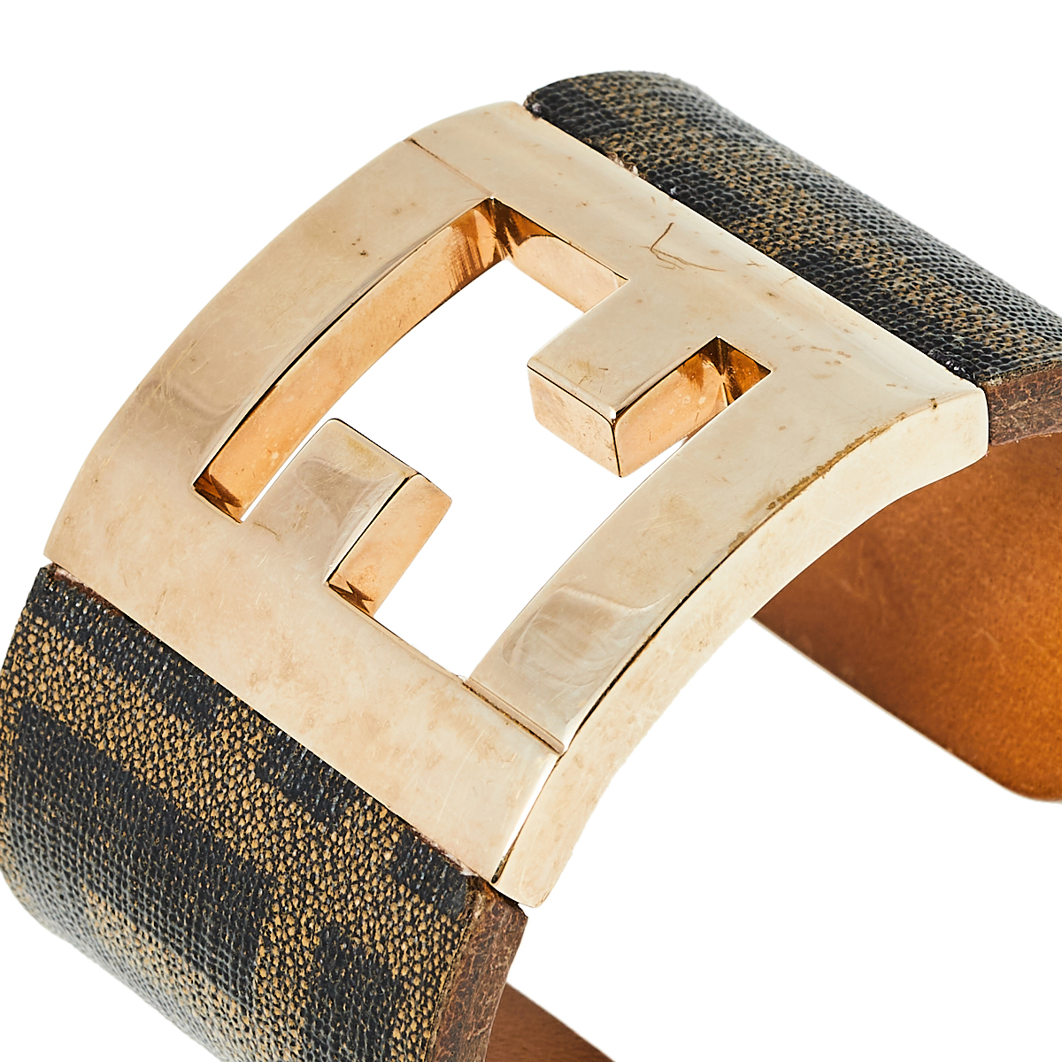 

Fendi Brown Zucca Canvas Gold Tone Cuff Bracelet