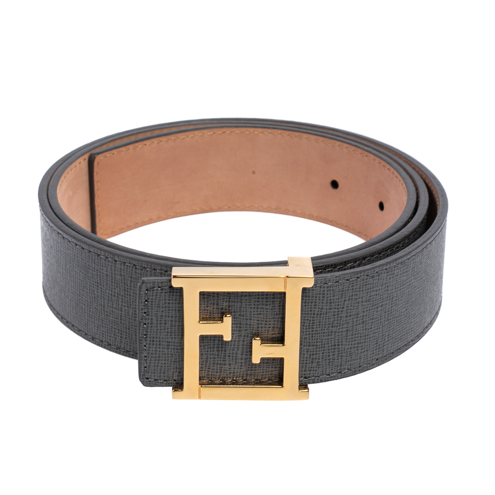 

Fendi Grey Leather FF Logo Buckle Belt