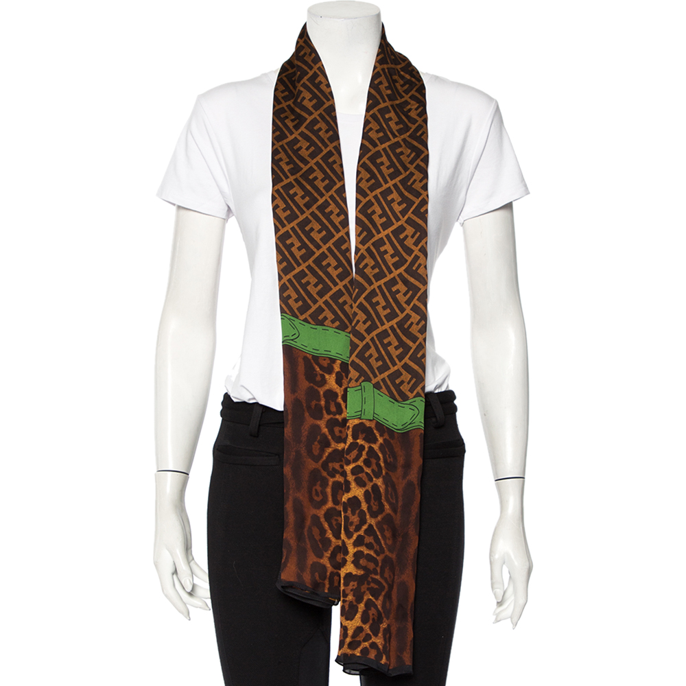 

Fendi Brown Zucca Monogram & Animal Printed Silk Stole