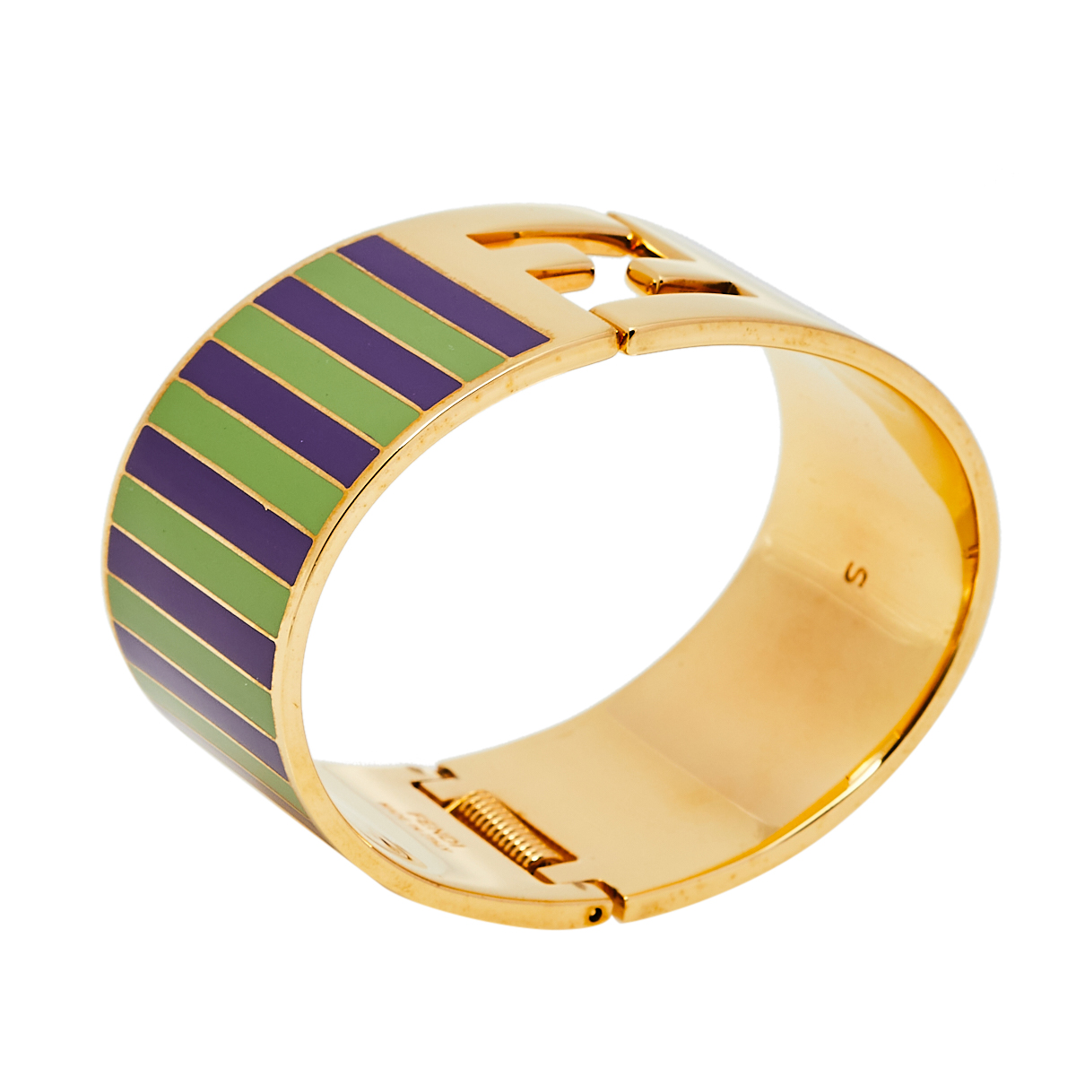 

Fendi Fendista Green/Purple Striped Enamel Gold Tone Wide Bracelet