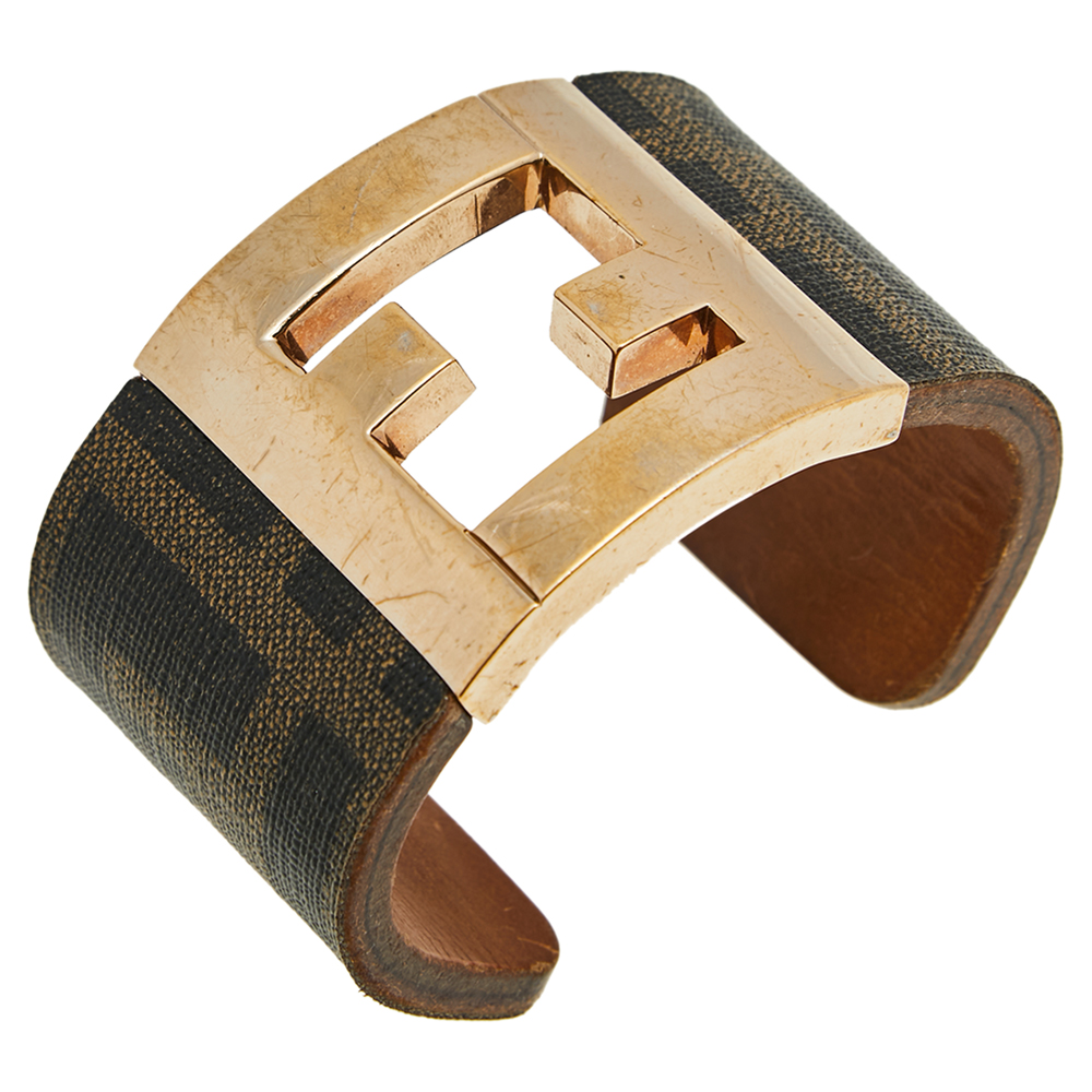 

Fendi Zucca Canvas Gold Tone Open Cuff Bracelet, Brown