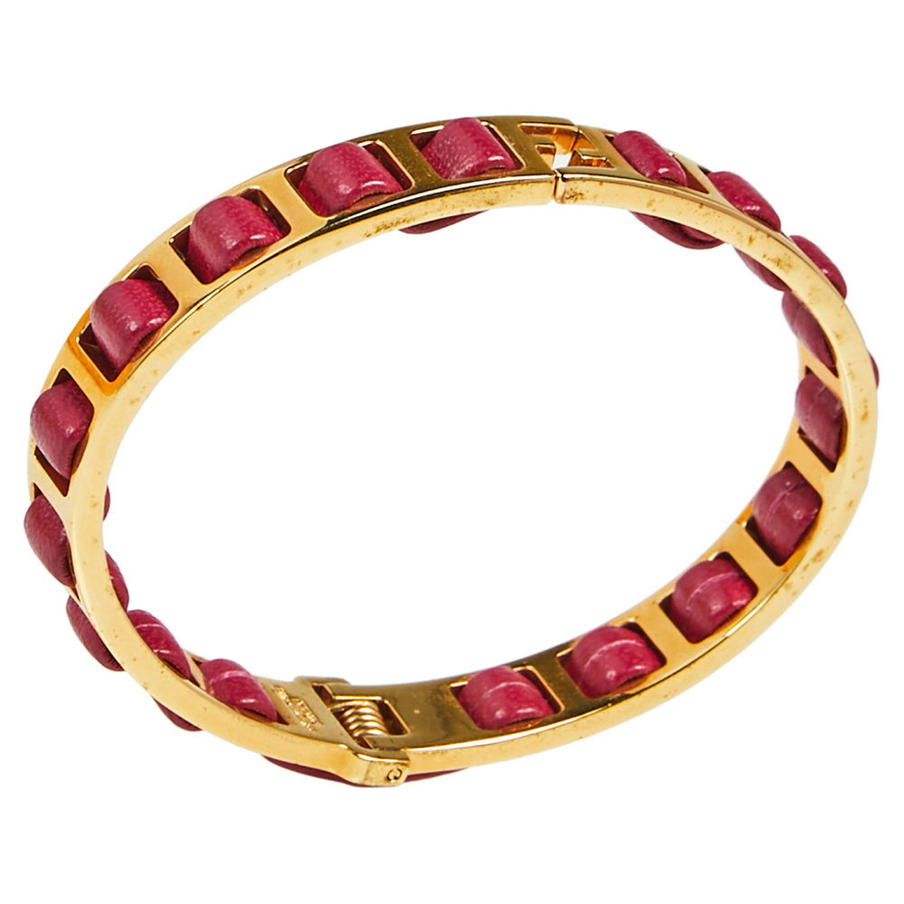 

Fendi Gold Tone Pink Leather The Fendista Bracelet