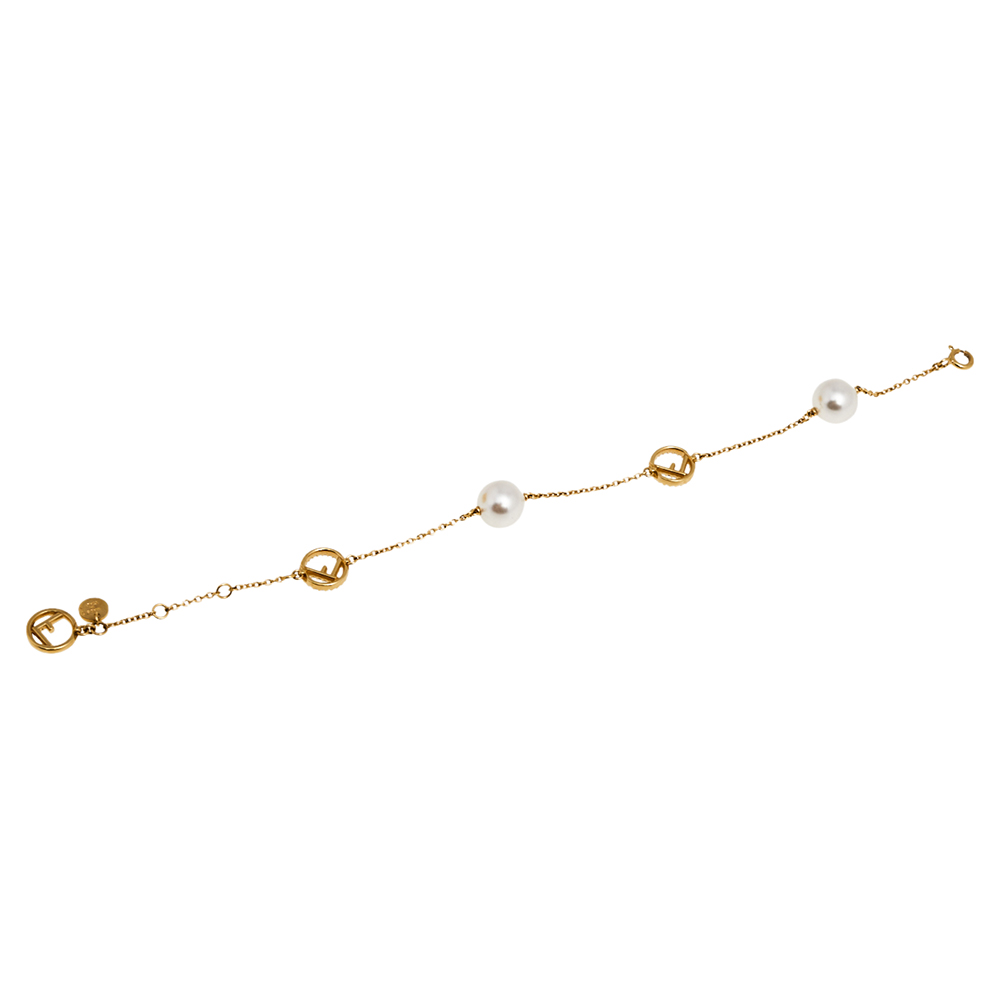 

Fendi F is Fendi Faux Pearl and Crystal Gold Tone Station Bracelet