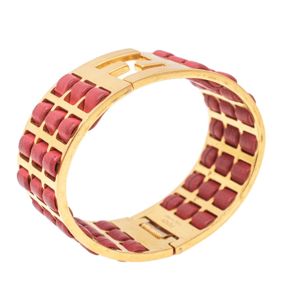 

Fendi FF Gold Tone Leather Detail Cuff Bracelet, Red
