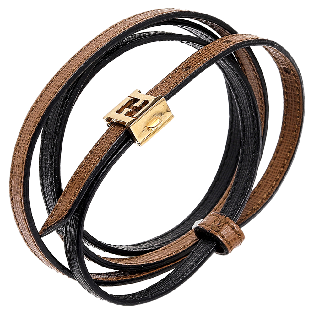

Fendi Gold Tone Bicolor Leather Wrap Bracelet, Black