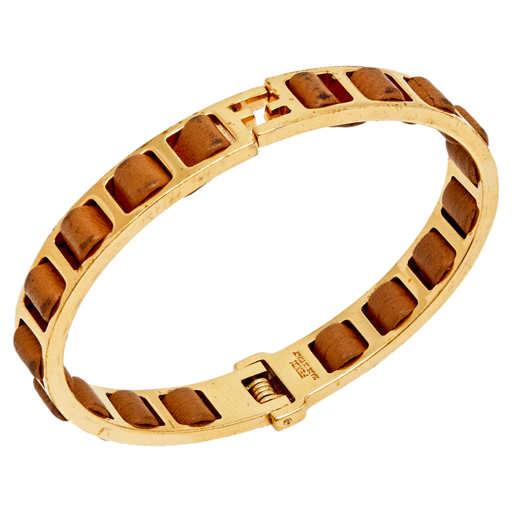 

Fendi Fendista Gold Tone Brown Leather Woven Bangle Bracelet