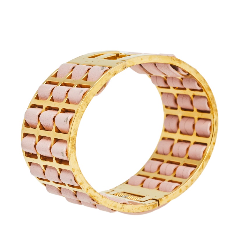 

Fendi The Fendista Pink Leather Woven Gold Tone Bracelet